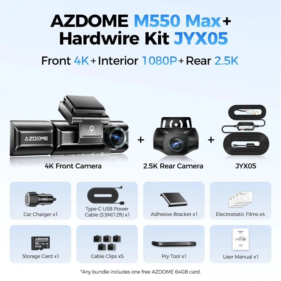 AZDOME M550 Max dash cam bundle by Simples Market; 4K front, 2.5K rear, JYX05 kit with GPS/WiFi