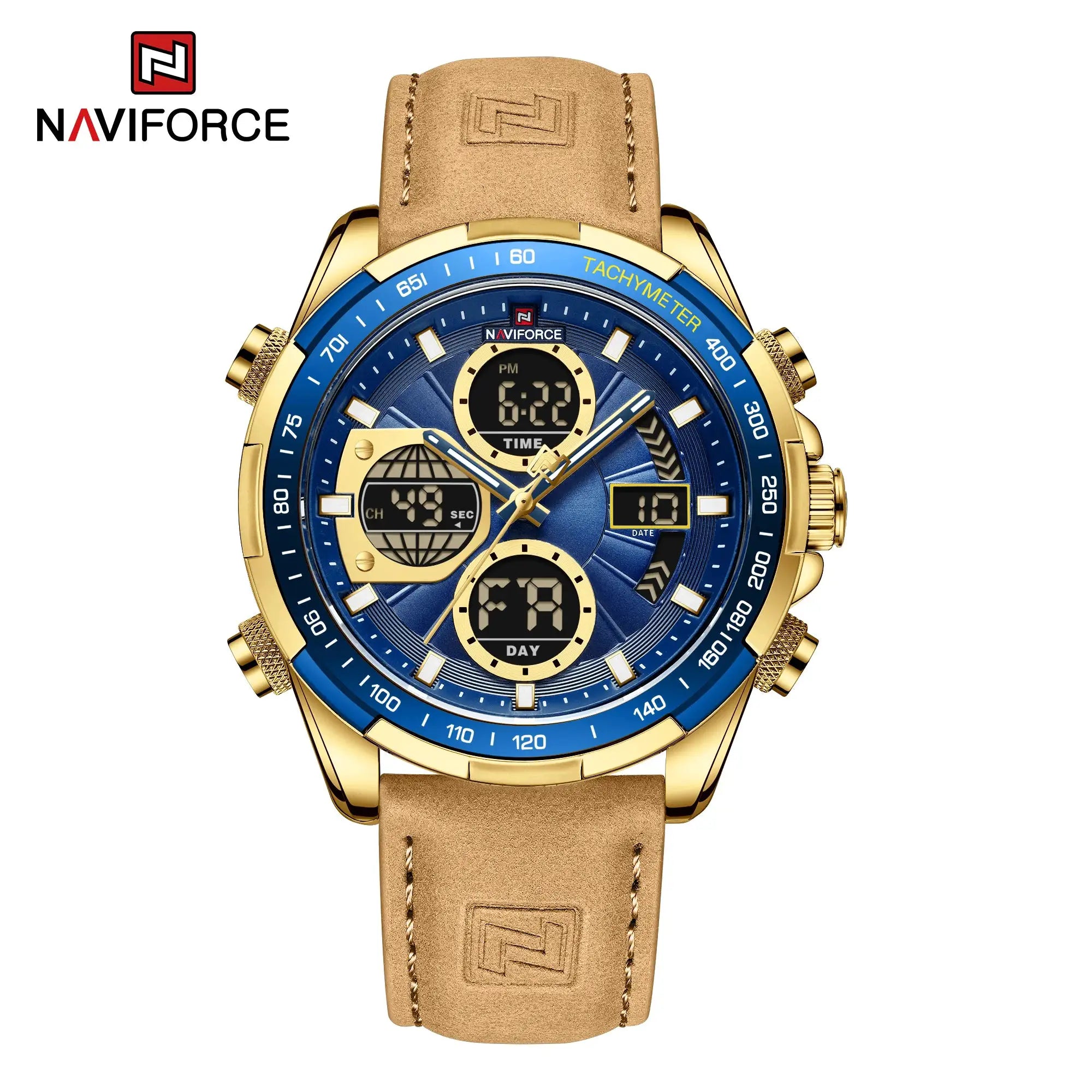 Naviforce men's luxury military chronograph watch with blue dial, gold-tone case, and tan leather strap