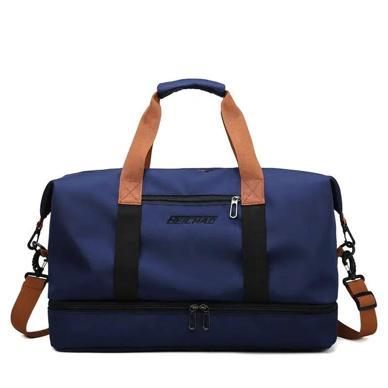 Travel gym bag HEICHAD in navy blue with tan handles and detachable shoulder strap