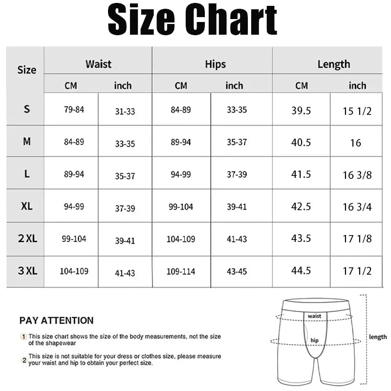 Miss Moly men's high waist shapewear size chart showing waist, hip and length ranges from S to 3XL