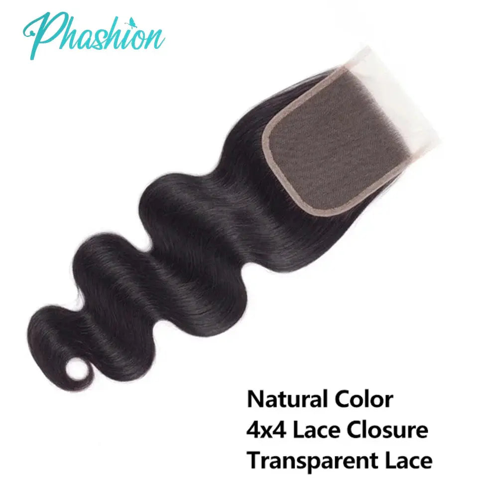 Phashion lace closure hair extension, natural color 4x4 closure with transparent lace, wavy Remy hair