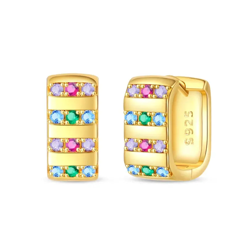 Gold-tone 925 silver hoop earrings with striped multicolor gemstone bands; a pair.