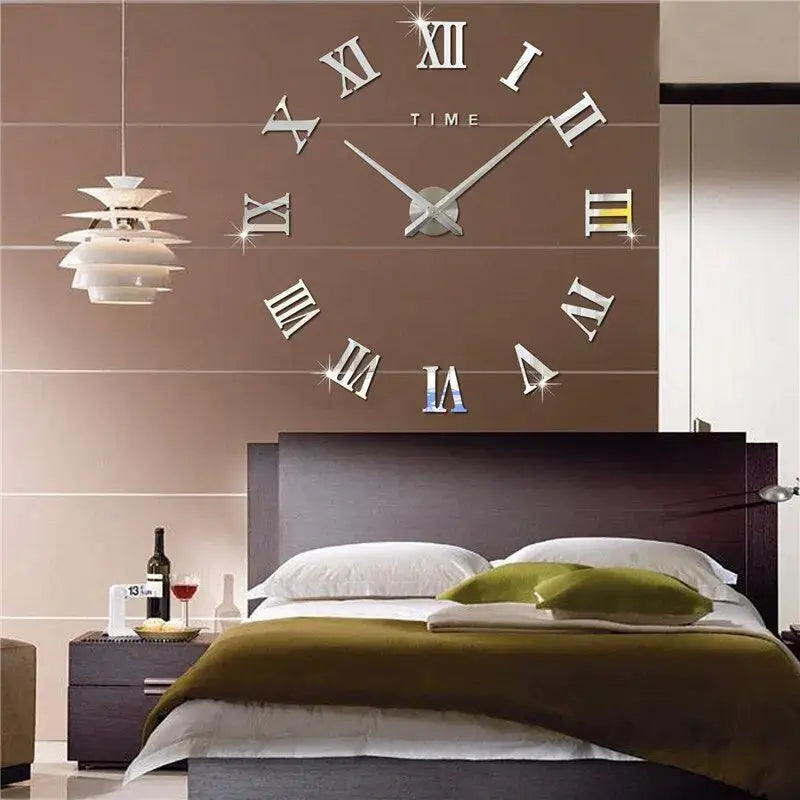 3D acrylic mirror round wall clock with large silver Roman numerals, self-adhesive DIY decor