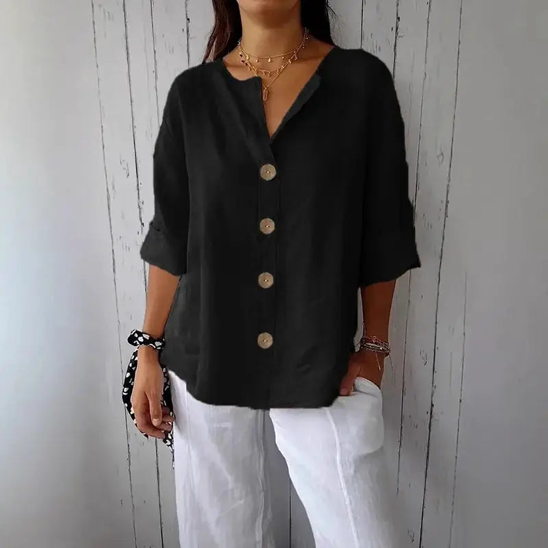 Simples Market black cotton-linen loose button-down shirt with V-neck and beige front buttons
