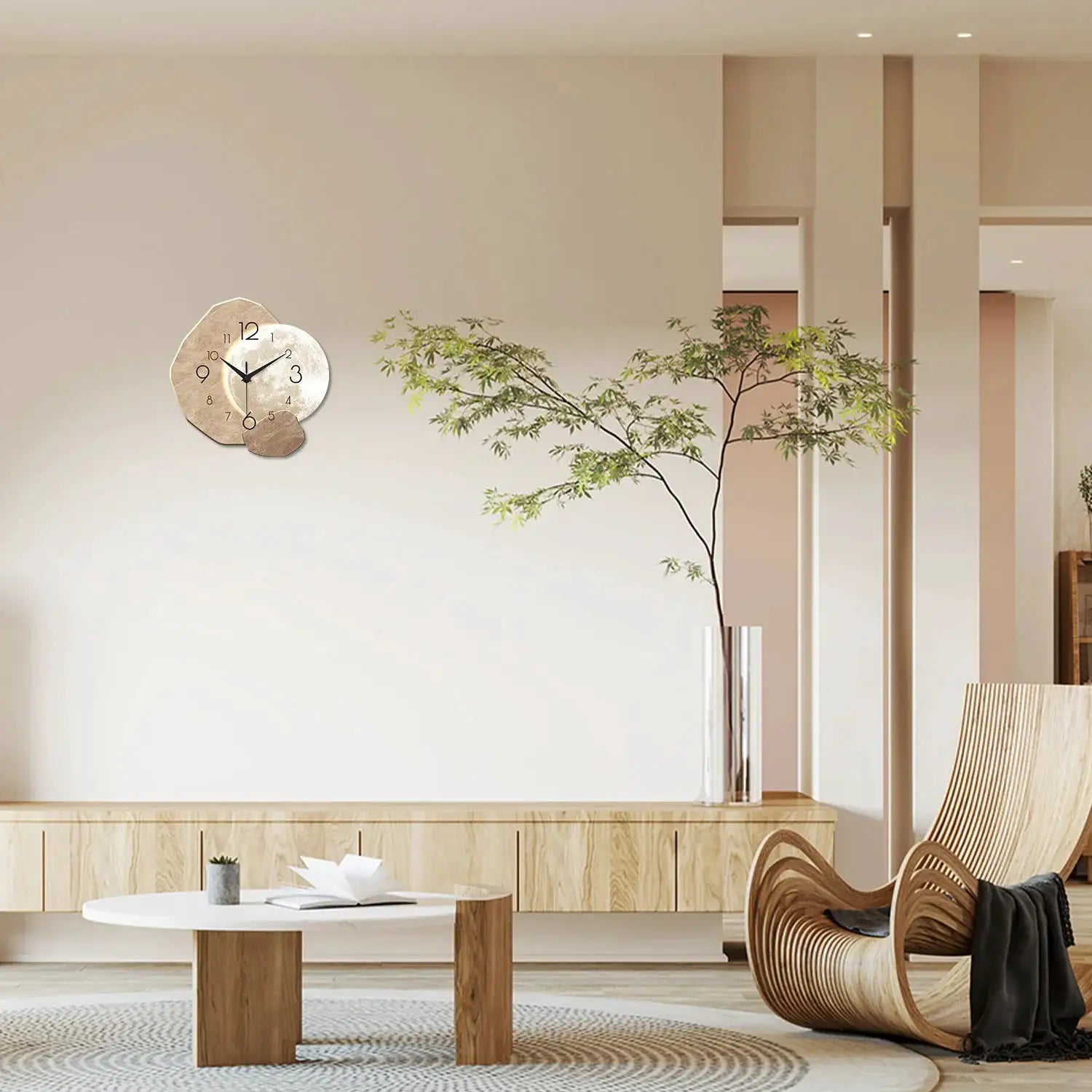 Modern simple silent wall clock with moon-design wooden discs and quartz movement.