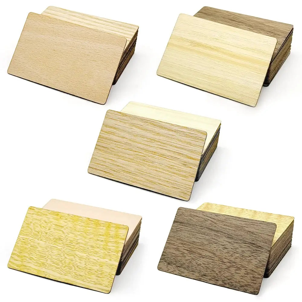 Wooden RFID hotel access cards; set of six in natural wood finishes with 13.56MHz NFC.