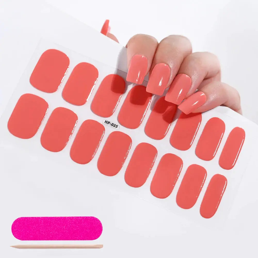 Simples Market coral semi-cured gel nail wrap sheet with glossy full-cover decals; pink glitter swatch and stick