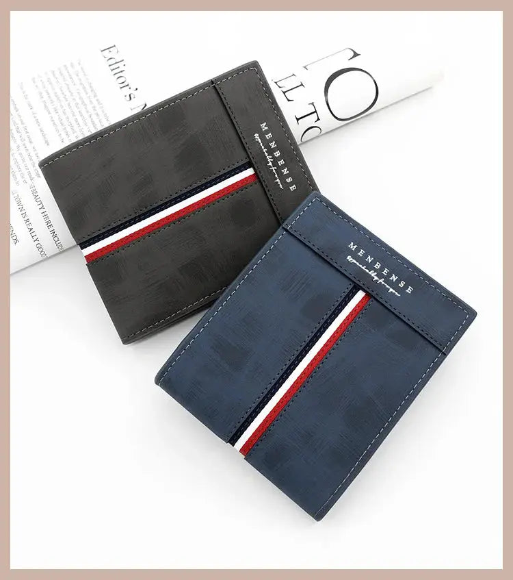 Two Simples Market PU leather wallets for men, navy blue and dark gray with red-white-blue stripe and coin pocket