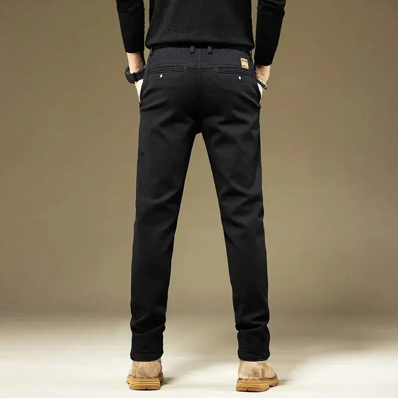 KUBRO men's black cotton solid-color straight pants by Simples Market for business casual wear