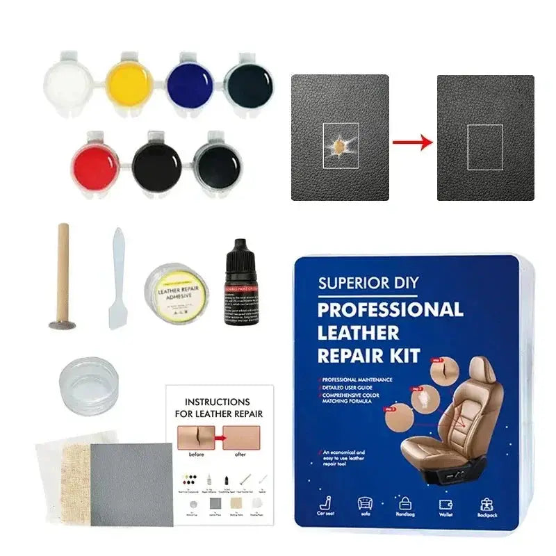 Simples Market Professional Liquid Leather Repair Kit with color pigment pots, adhesive, spatula and tools for car seats