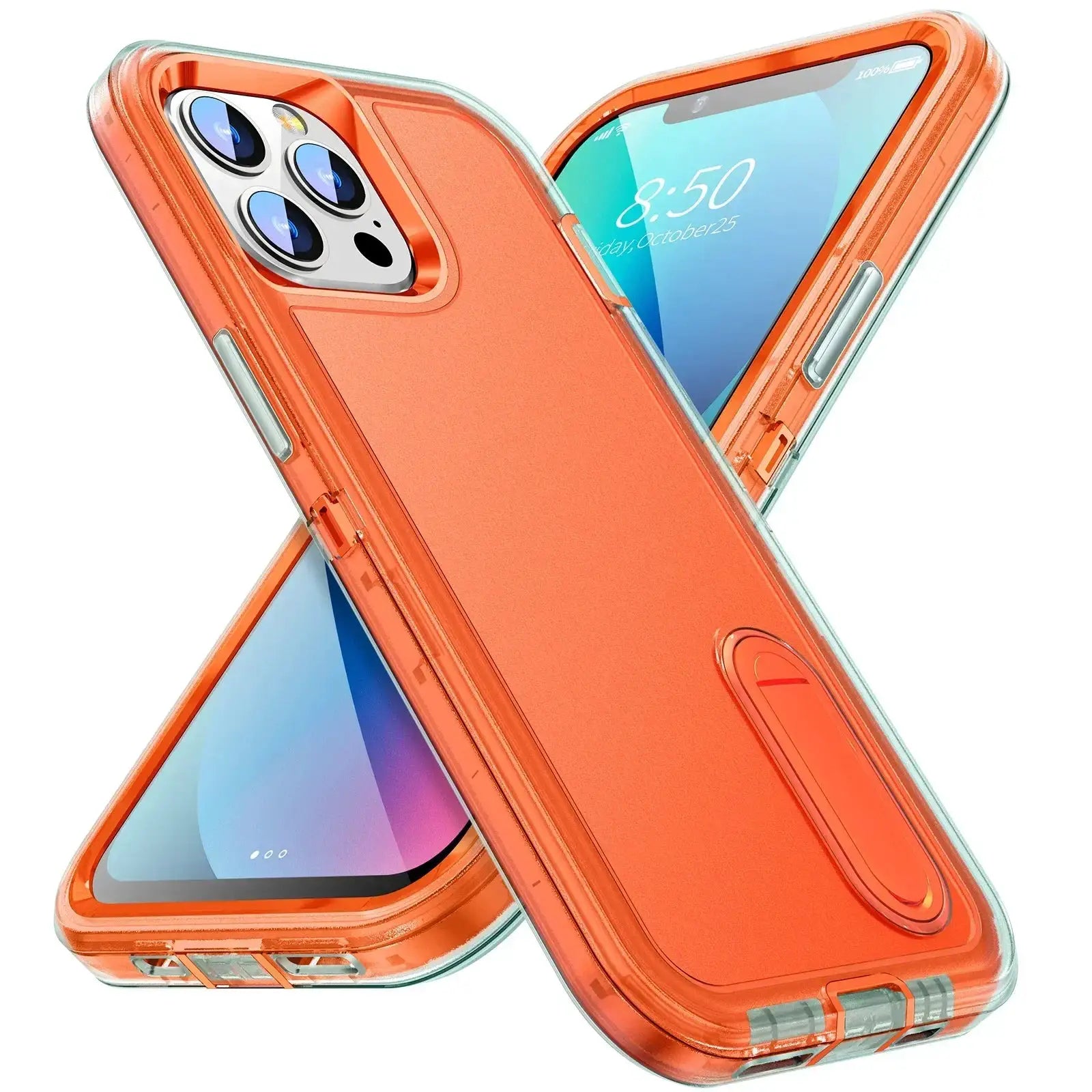 Two orange heavy-duty silicone iPhone cases by Simples Market with transparent edges and shock-absorbent protection