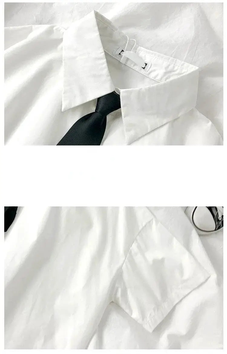 White women's short-sleeve blouse with lapel collar and black tie, Simples Market