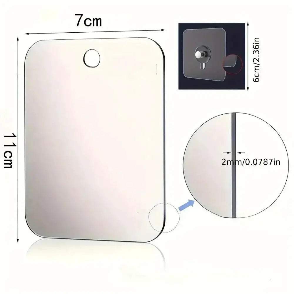 Anti-fog acrylic bathroom vanity mirror with wall hook, compact 11 cm tall by 7 cm wide