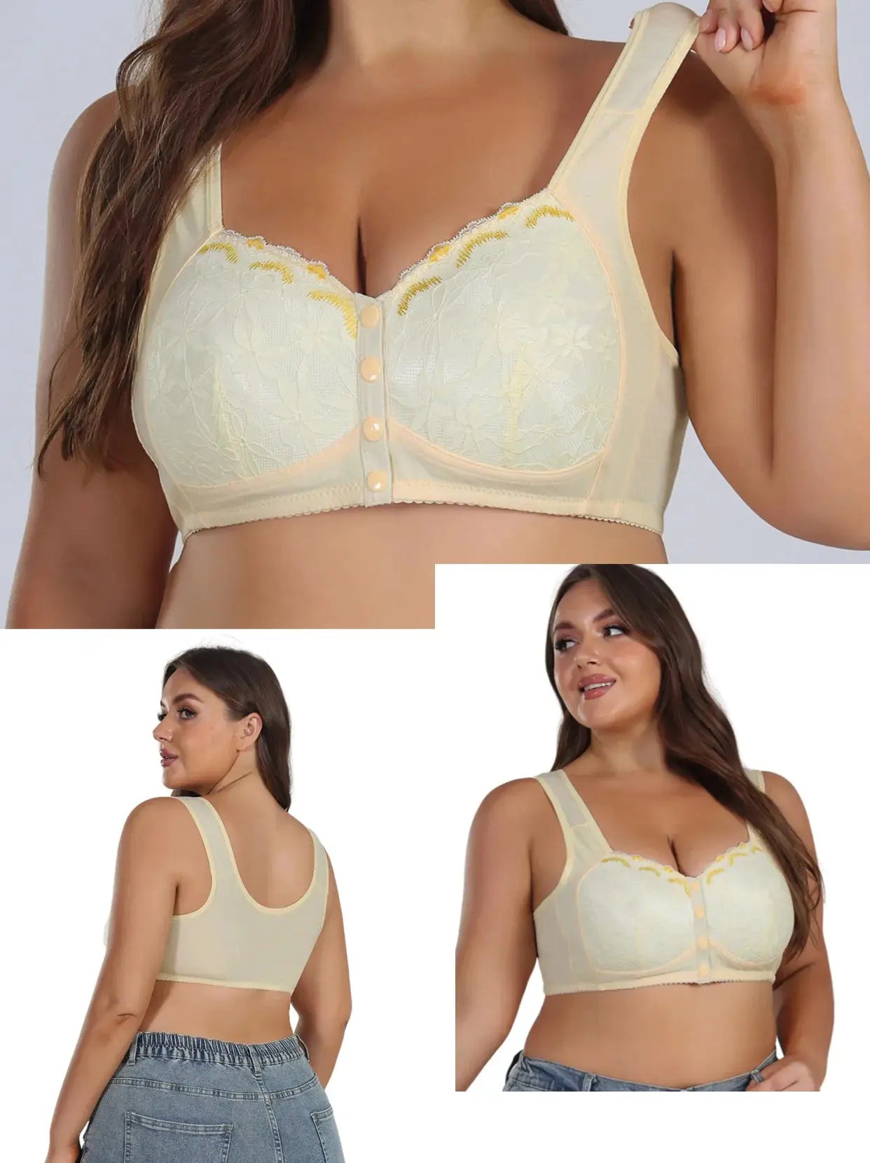 Simples Market front-closure lace bra in pale yellow, soft cotton, no underwire, extra large