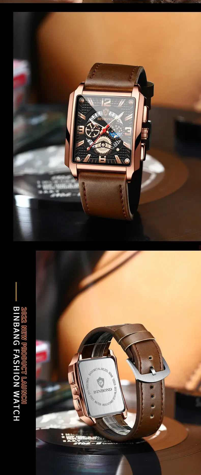BINBOND men's watch with rose-gold square case, brown leather strap, black dial and visible gears