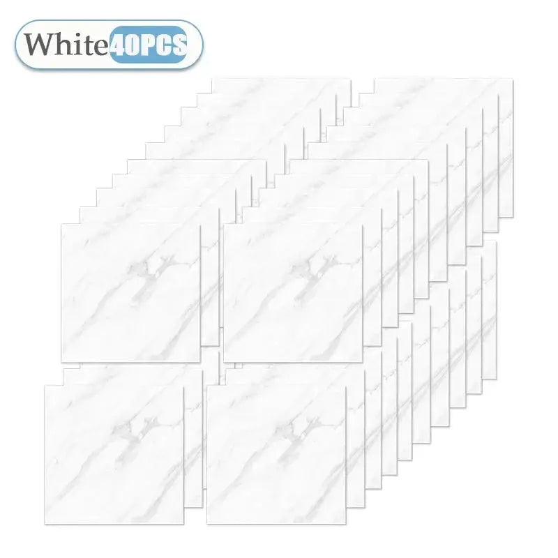 Self-adhesive marble tile sheets, 40pcs, white, 30x30cm for kitchen and bathroom decor