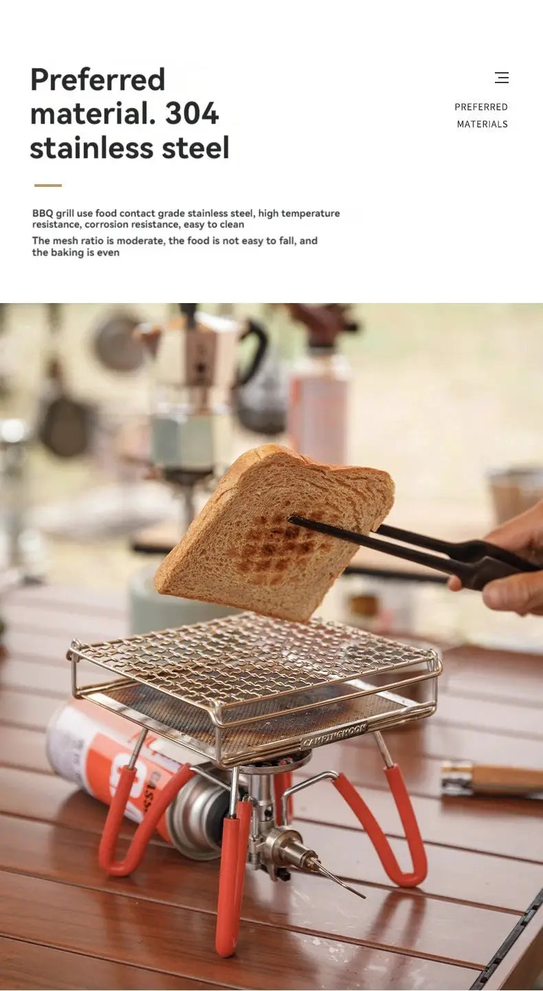 CampingMoon 304 stainless steel folding toast grill on a portable gas stove with bread slice