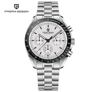 Pagani Design 1701 V5 men's chronograph watch with stainless steel bracelet, white dial, tachymeter bezel.
