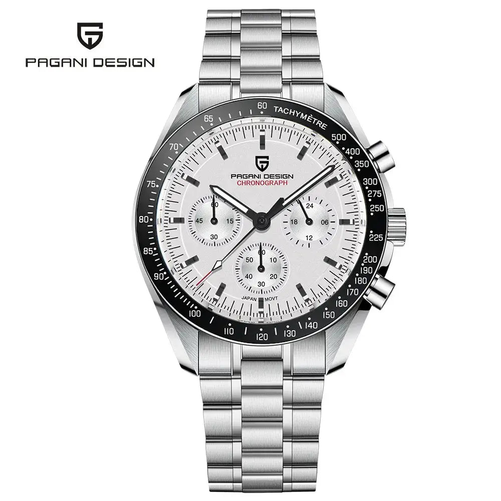 Pagani Design 1701 V5 men's chronograph watch with stainless steel bracelet, white dial, tachymeter bezel.