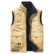 Men's beige double-sided cotton vest with multiple pockets and navy plaid interior