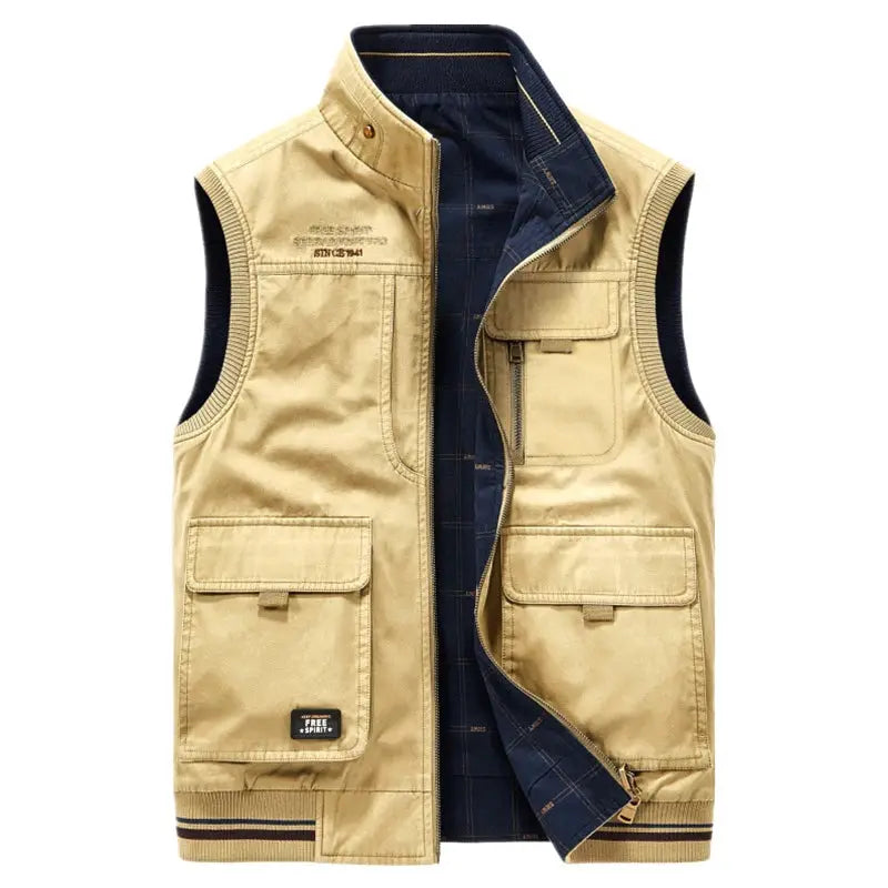 Men's beige double-sided cotton vest with multiple pockets and navy plaid interior