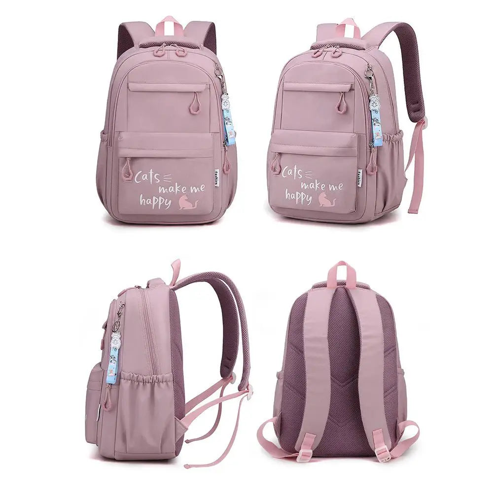 Pink kawaii school backpack featuring a cute cat design and multiple storage options for school and travel.