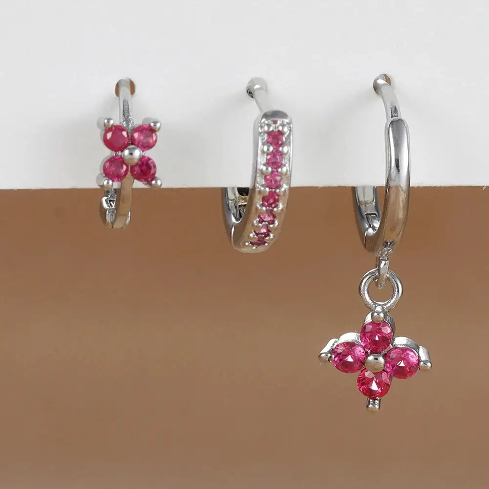 3Pcs Trendy Stainless Steel Flower Drop Earrings Set For Women Crystal Zirconia Dangle Hypoallergenic Piercing Jewelry