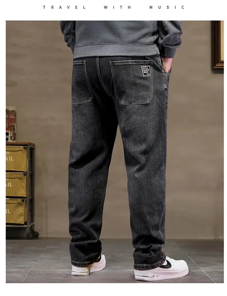 Men's extra-big baggy denim jeans with high-elastic waist, dark wash, plus sizes 6XL–8XL