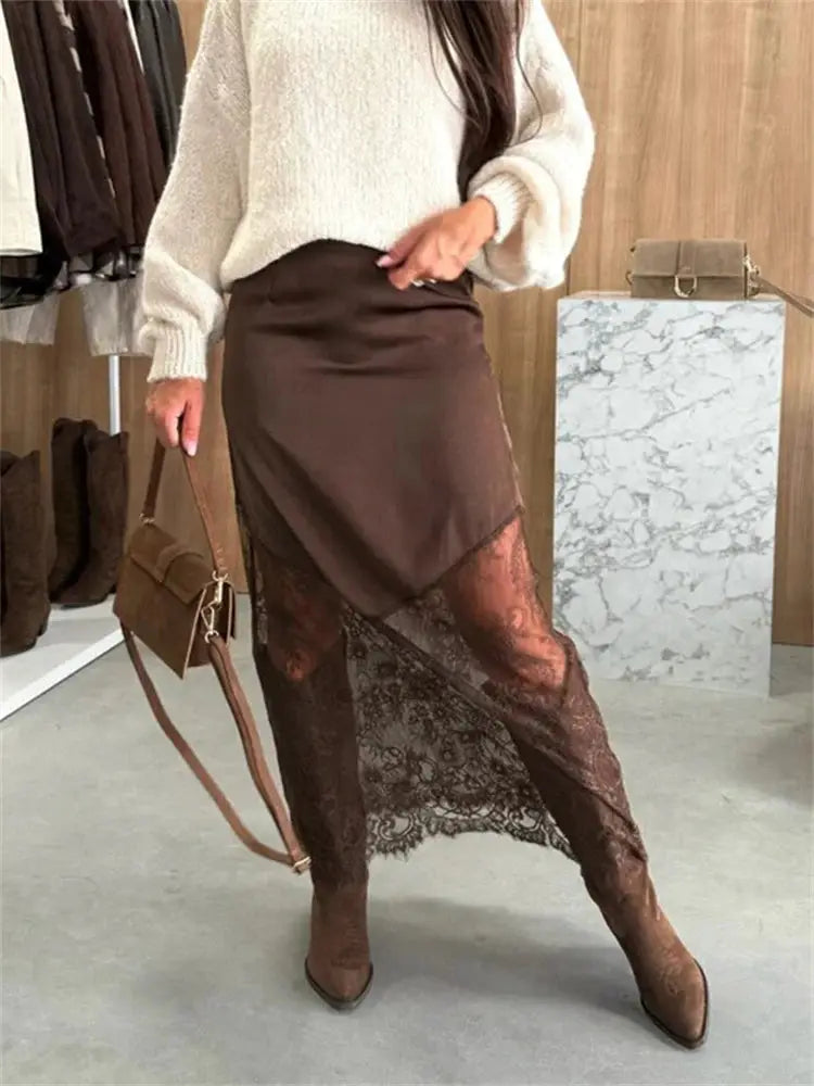 Trendix Patchwork Lace High Waist Hollow Out Maxi Skirt For Women Autumn Brown Boho Party Fashion