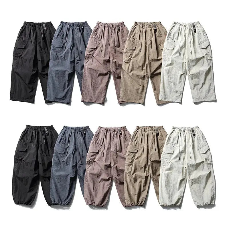 Set of 10 ultra loose lightweight outdoor cargo pants in multiple colors (black, navy, mauve, tan, gray), wide-leg