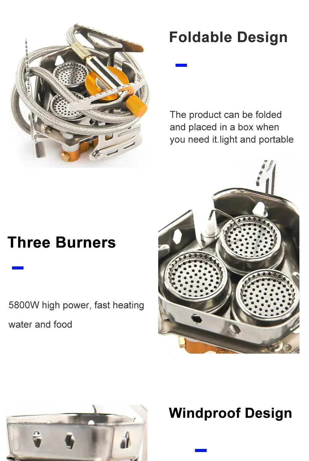 Widesea three-burner portable gas stove, stainless steel, foldable design for camping by Simples Market.
