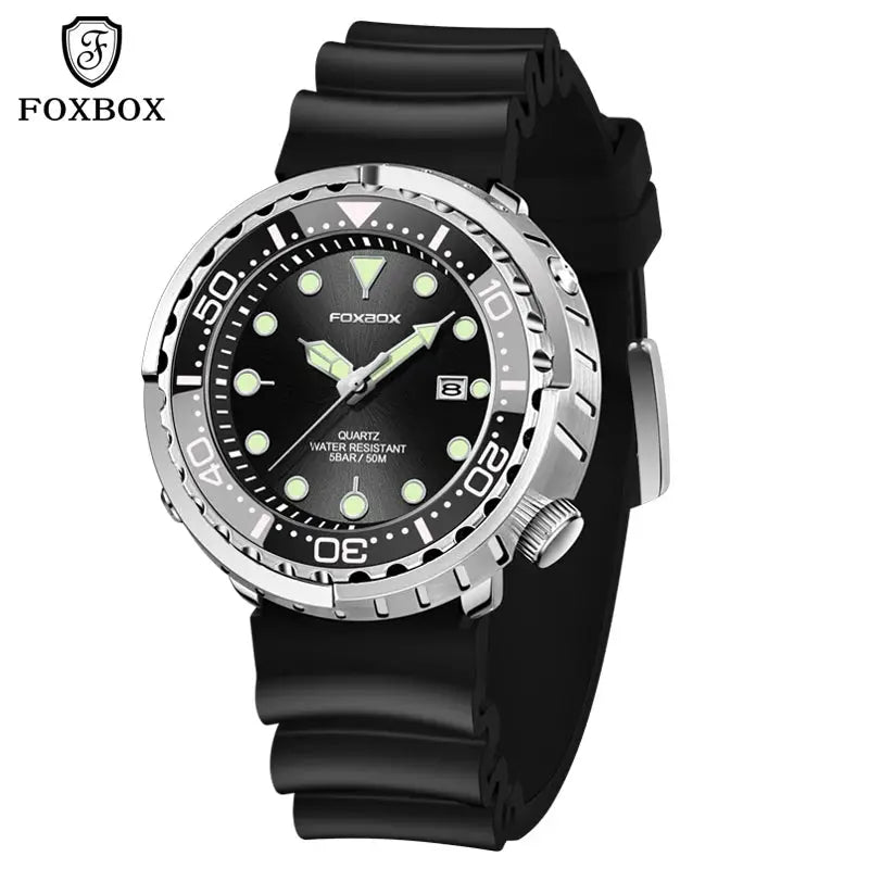 Quartz men's sport wristwatch by FOXBOX with steel bezel, black dial, luminous markers, 5ATM water resistant