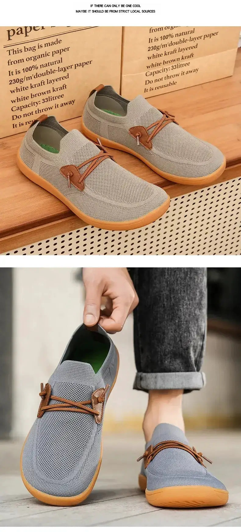 Simples Market barefoot shoes for men and women, wide fit, gray knit upper with tan sole and brown lace