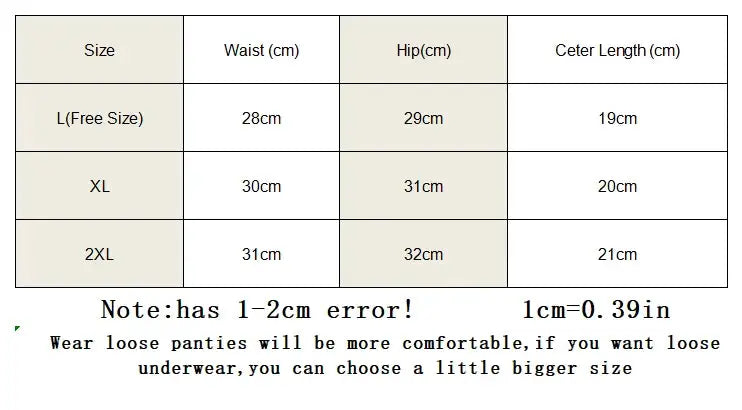 7Pcs women's cotton underwear set by Simples Market size chart with waist and hip measurements and 1–2 cm error note