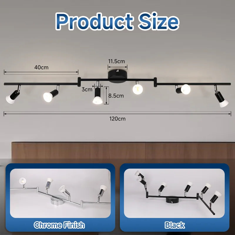 GU10 LED ceiling track light fixture, black finish, six adjustable spotlights