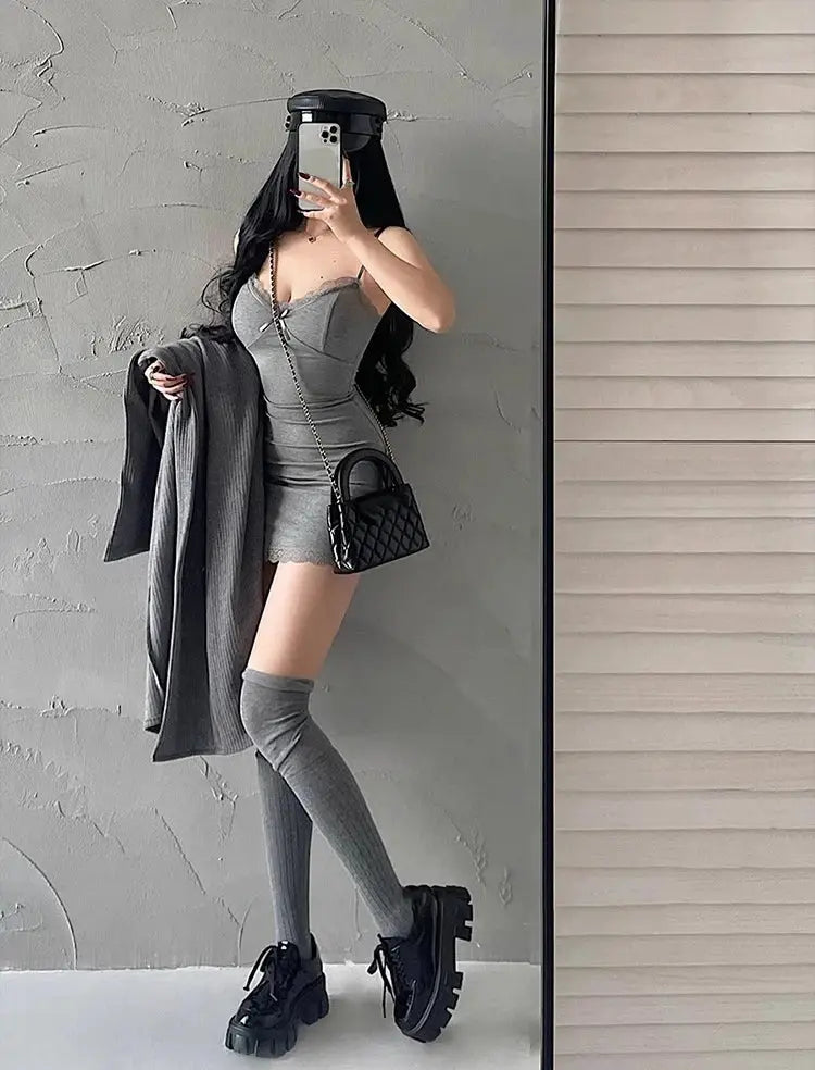 Y2K Retro Lace Patchwork Spaghetti Strap Black Bodycon Club Dress