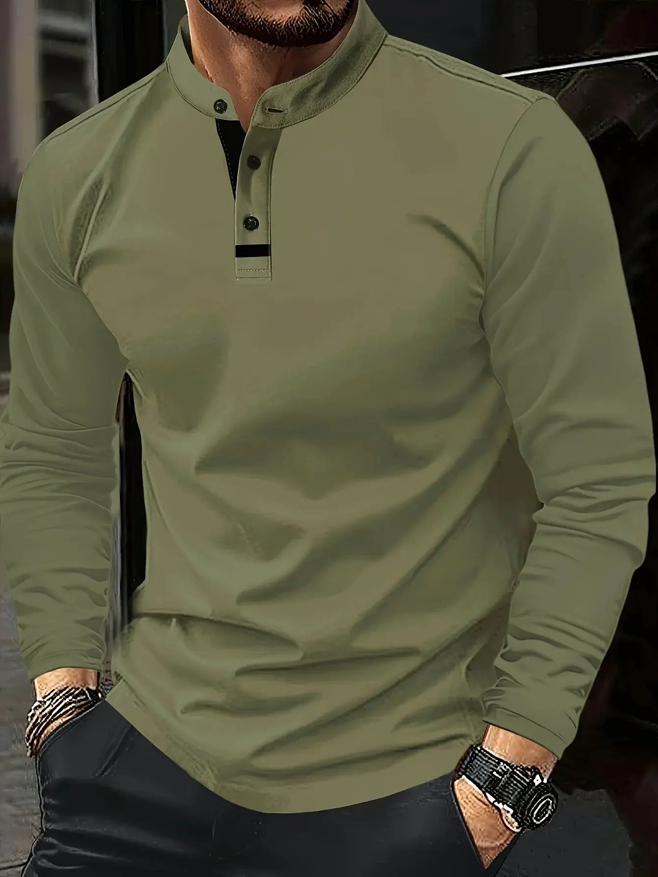 Simples Market olive green men's long-sleeve polo shirt for casual wear