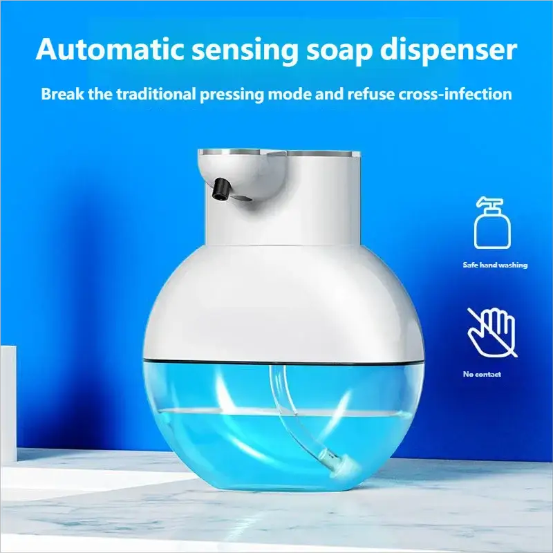 Homefish automatic soap dispenser by Simples Market, wall-mounted white dispenser with blue liquid for dishwashing