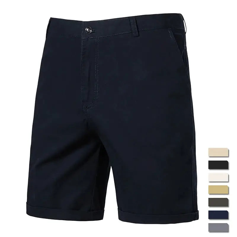 Men's dark navy cotton casual shorts, knee-length with rolled cuffs