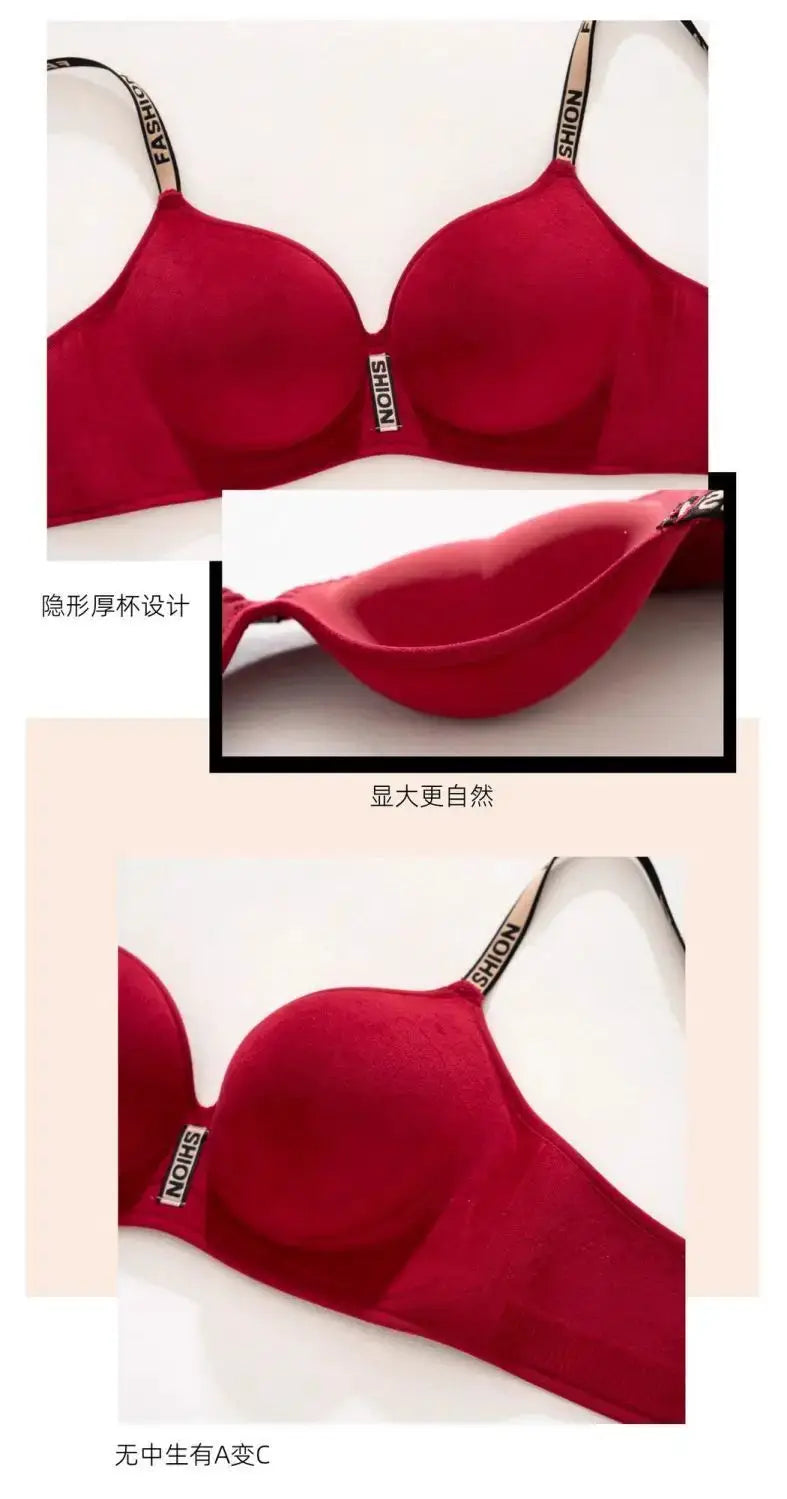 Red smooth wireless push-up bra for A/B cups by Simples Market with thickened seamless lift
