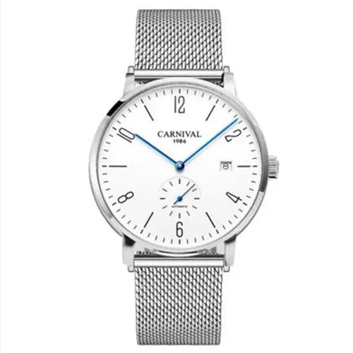 Carnival men's wristwatch with white dial, blue hands, date window, and polished stainless steel mesh band.