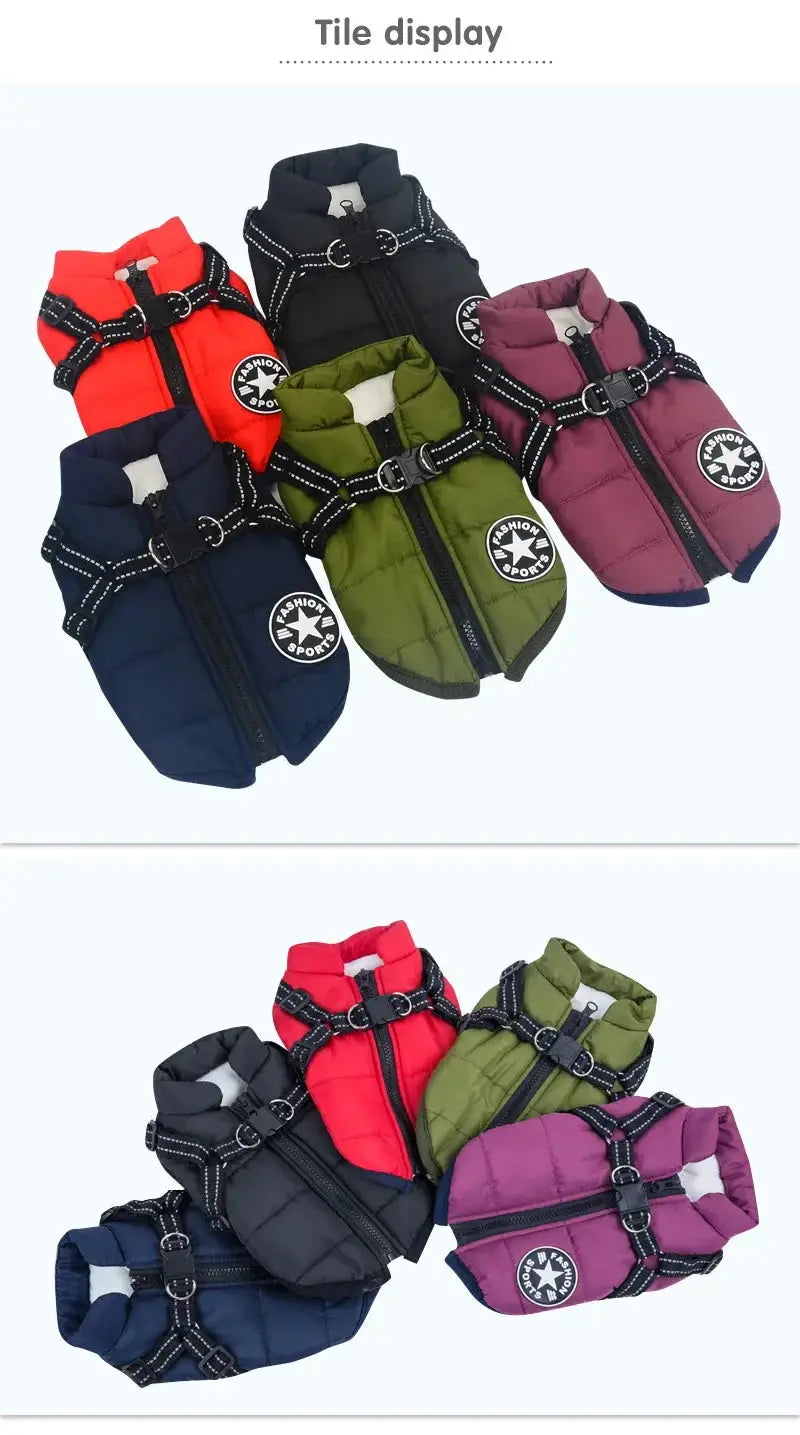 Large dog jacket with harness; waterproof winter coats in red, navy, green, purple and black with fashion sports patch