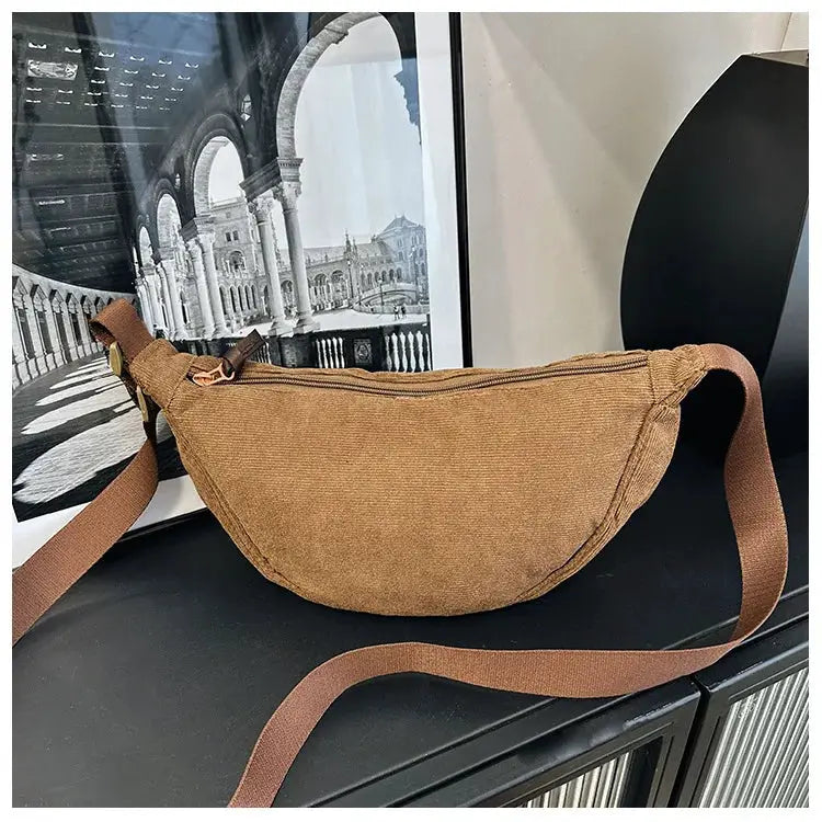 Corduroy brown women's hobo crossbody bag with adjustable strap and zip top