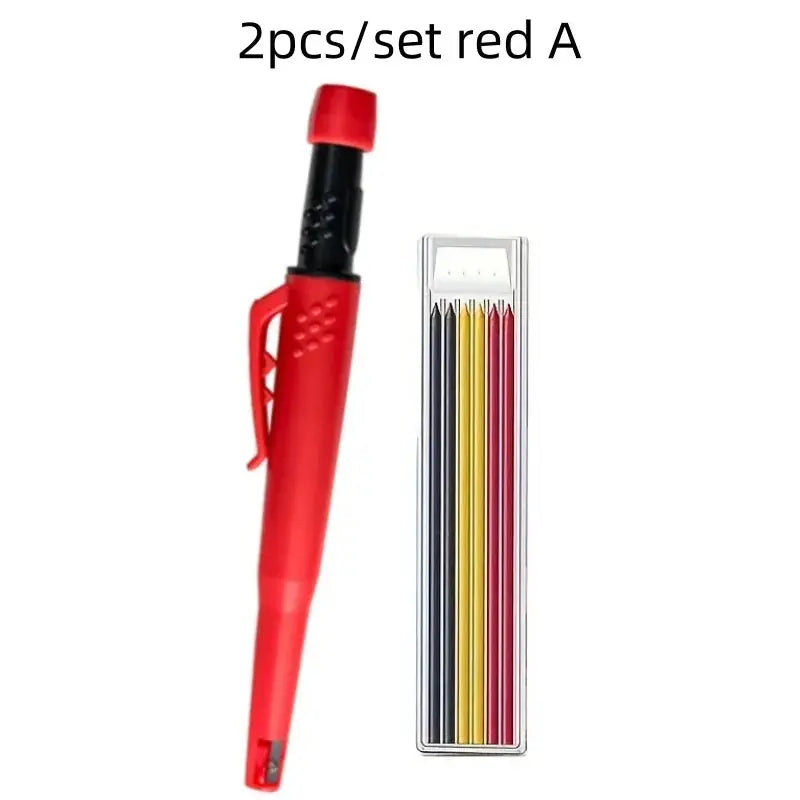 Solid carpenter pencil set, red; 2pcs with a mechanical pencil featuring built-in sharpener and colored pencils