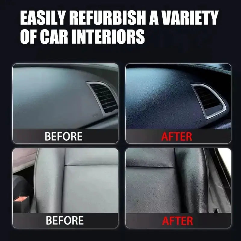 Simples Market 400g heavy-duty car plastic renovator wax for scratch repair, interior dash and seats before/after.