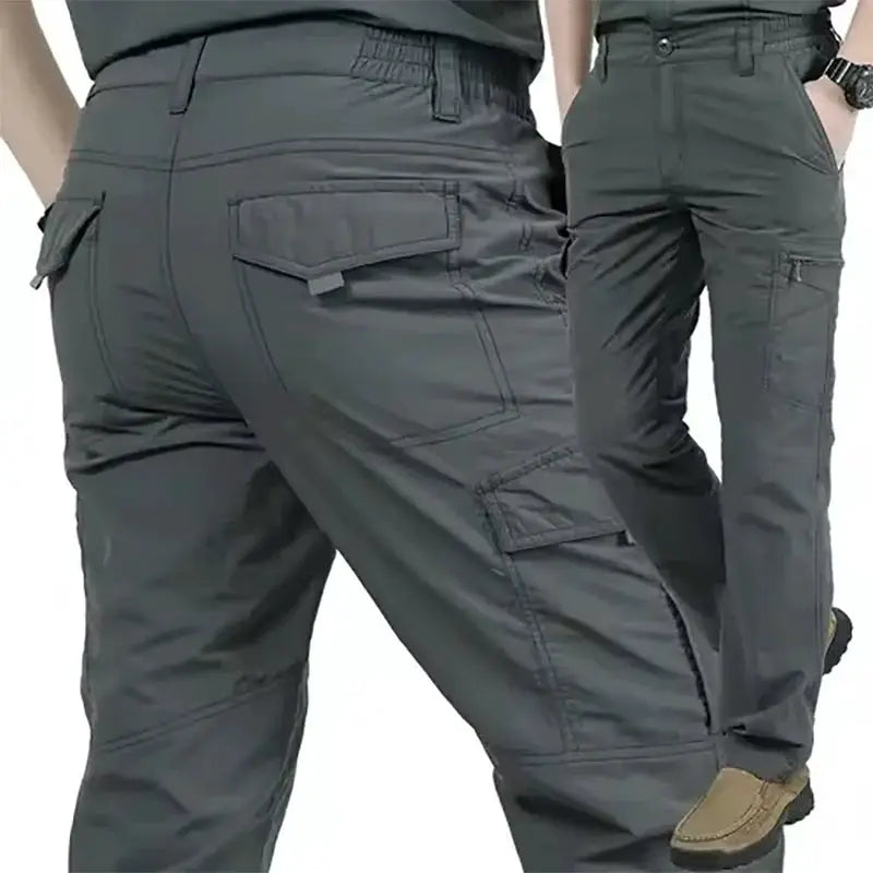 Men's quick-dry cargo pants for outdoor mountaineering, gray waterproof multi-pocket workwear trousers, large size