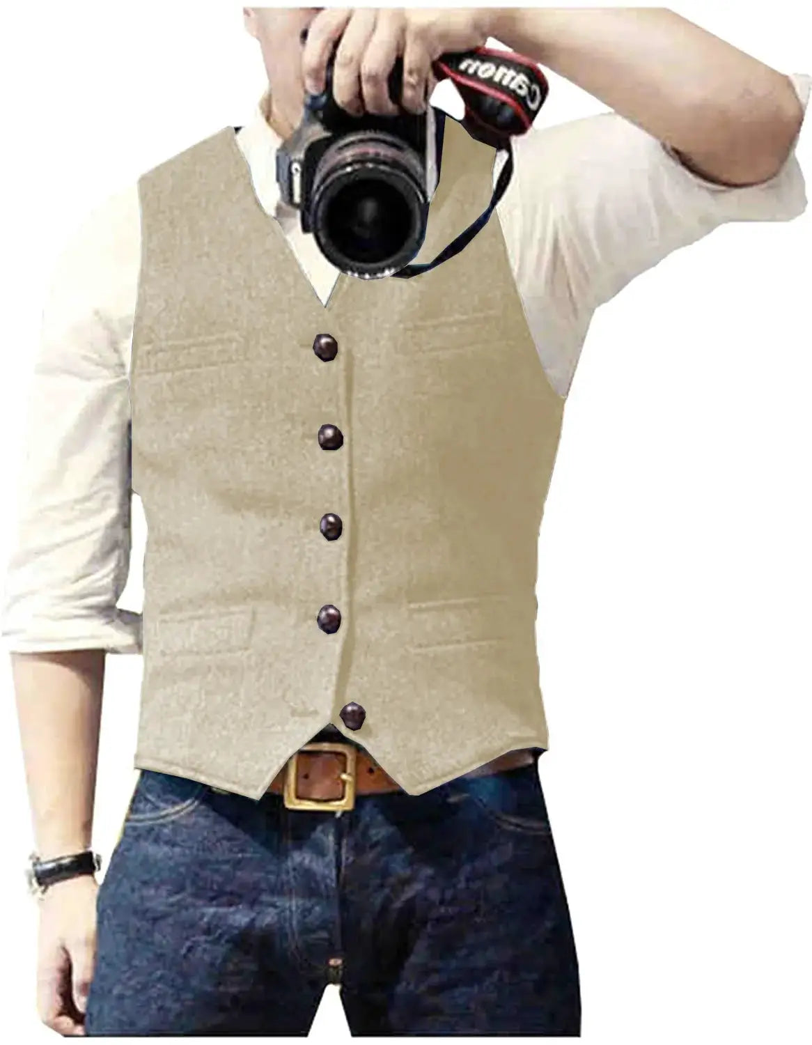 Men's Simples Market wool herringbone tweed vest, beige V-neck waistcoat with five front buttons