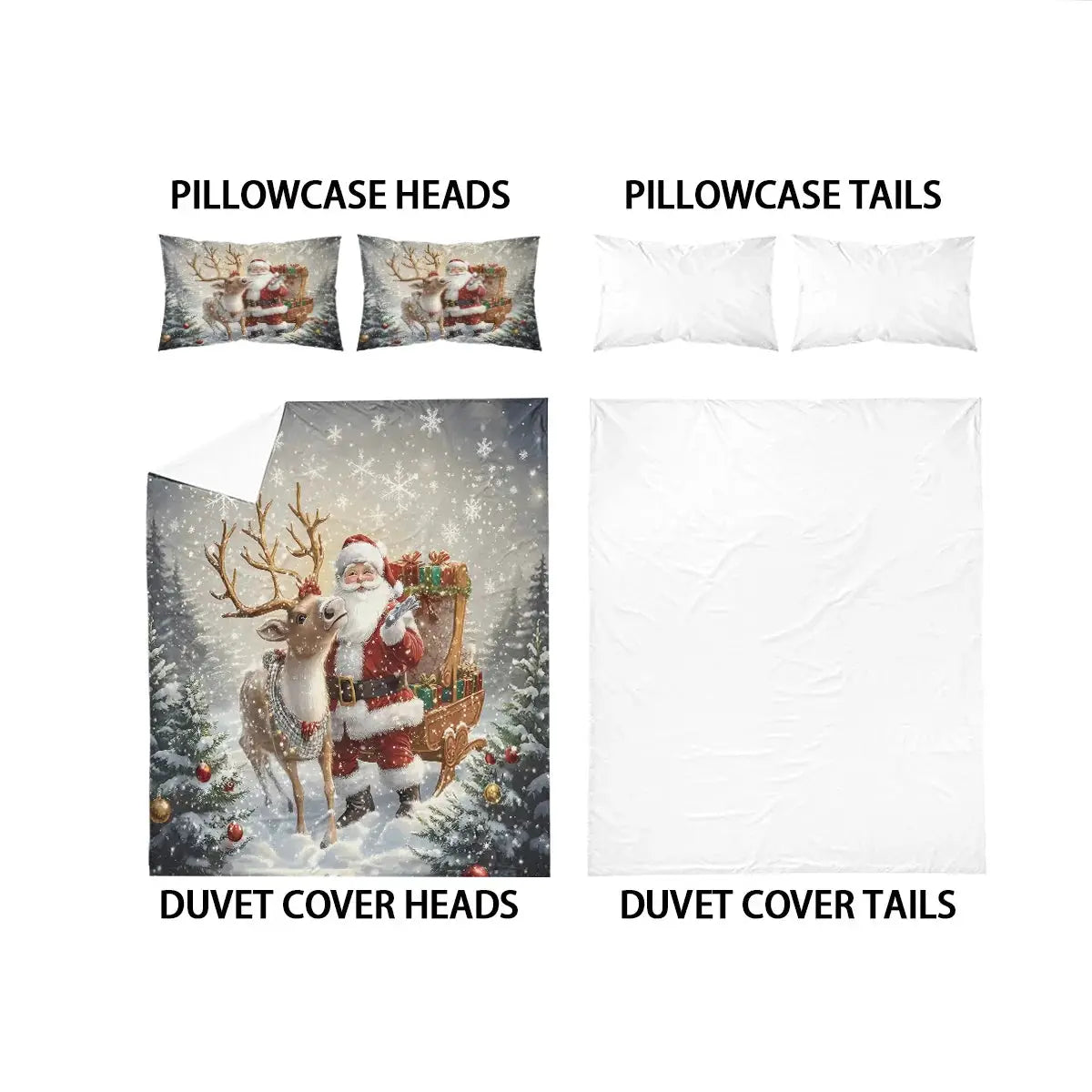 Simples Market Santa-printed duvet cover set with two pillowcases featuring Santa and reindeer in a snowy scene