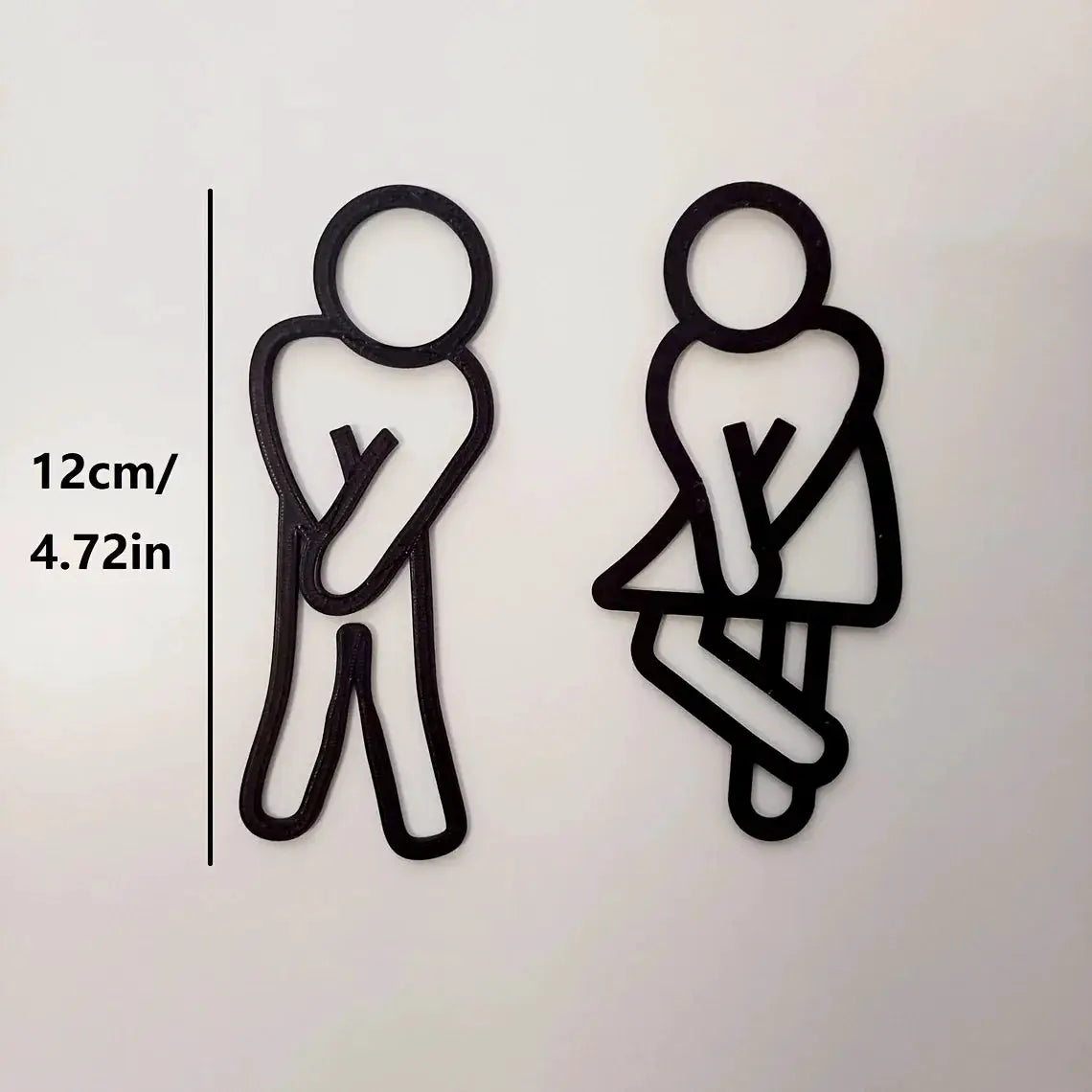 Restroom sign set featuring two black 2D cutout figures, male and female, 12 cm tall