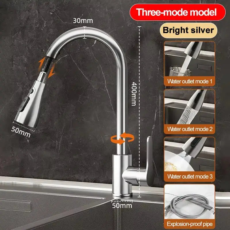 Stainless steel kitchen pull-out faucet with retractable spray head, bright silver, three-mode spray